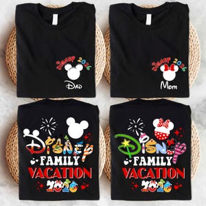 four black t-shirts with Disney-themed designs and text, including Mickey Mouse and Minnie Mouse motifs, fireworks, and the text "Disney Family Vacation 2016".