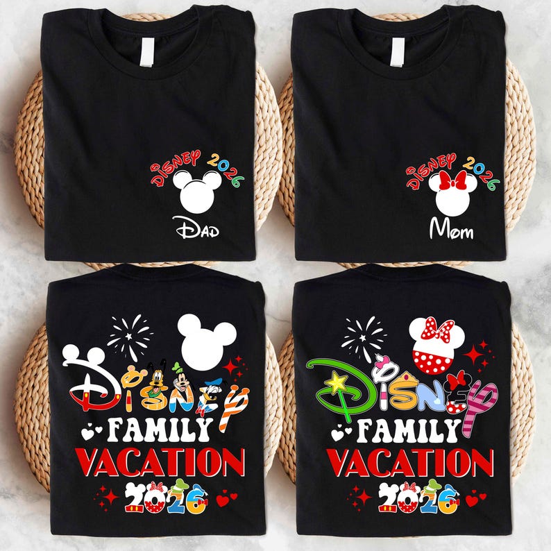 four black t-shirts with Disney-themed designs and text, including Mickey Mouse and Minnie Mouse motifs, fireworks, and the text "Disney Family Vacation 2016".