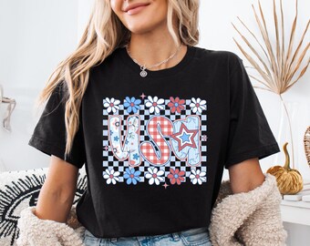 Floral USA July 4 Shirt, Independence Day USA T-Shirt, 4th Of July Sweater, American Vibes Tee, Patriotic Gift Tee, Red White Blue Shirt