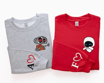 Embroidered Robot Couple Love Sweatshirt, Cute Valentine’s Day Matching Hoodie, Romantic Sci-Fi Theme Park Vacation Gift Crewneck