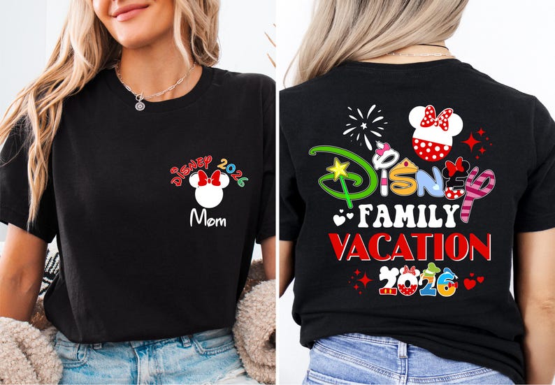 a woman wearing a black t-shirt with Disney-themed graphics and text.