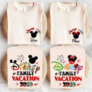 a collection of four Disney-themed t-shirts, each with a unique design and text related to Disney vacations.