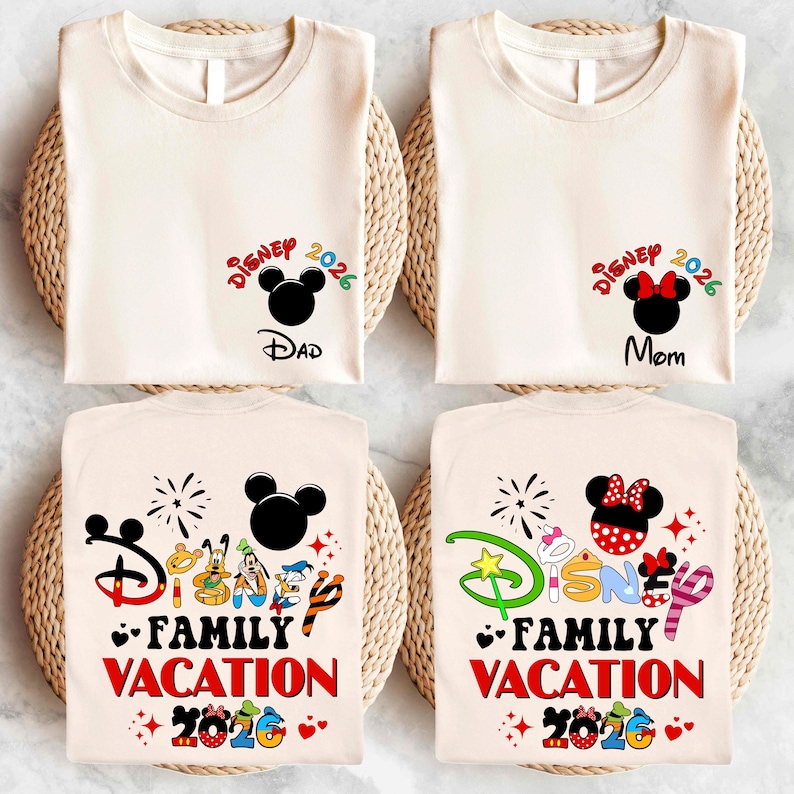 a collection of four Disney-themed t-shirts, each with a unique design and text related to Disney vacations.