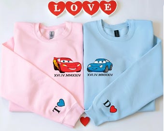 Disney Cars Embroidered Sweatshirt, McQueen and Sally Couples Embroidery Sweater, Cute Valentine’s Day Hoodie, Embroidery Couple Sweatshirt