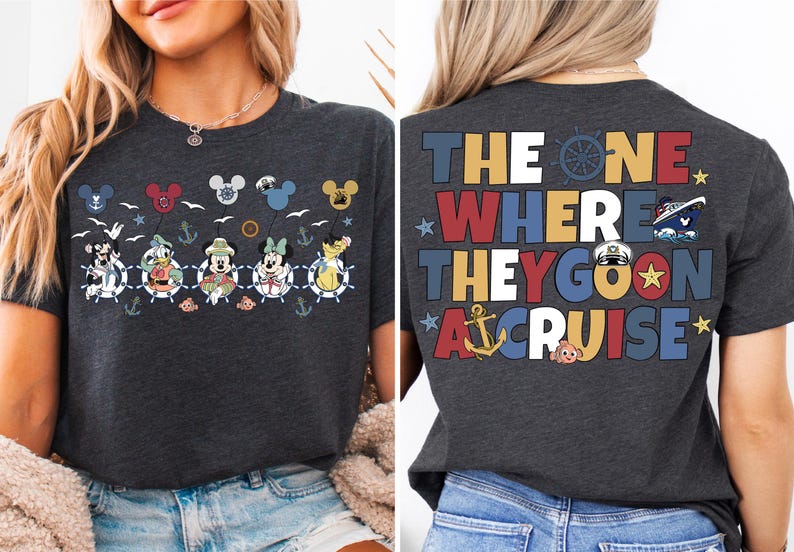 a woman wearing a mickey mouse t - shirt
