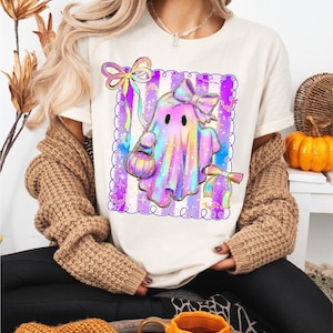 Pink Bow Ghost Shirt, Sparkling Ghost T-Shirt, Spooky Vibes Tee, Halloween Theme T-Shirt, Cute Ghost Halloween Sweater, Halloween Sweatshirt