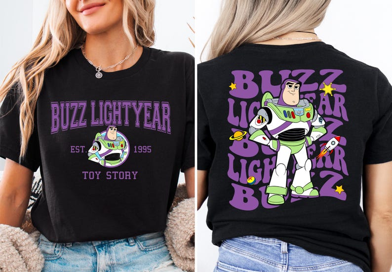 a woman wearing a buzz lightyear toy story t - shirt