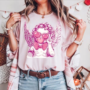 Valentine Cupid Shirt, Romantic Angel Wing Shirt, Angel Blowing Bubble Gum Shirt, Peace Sign Bubblegum Tee,Pink Valentines Day, Cupid Shirt