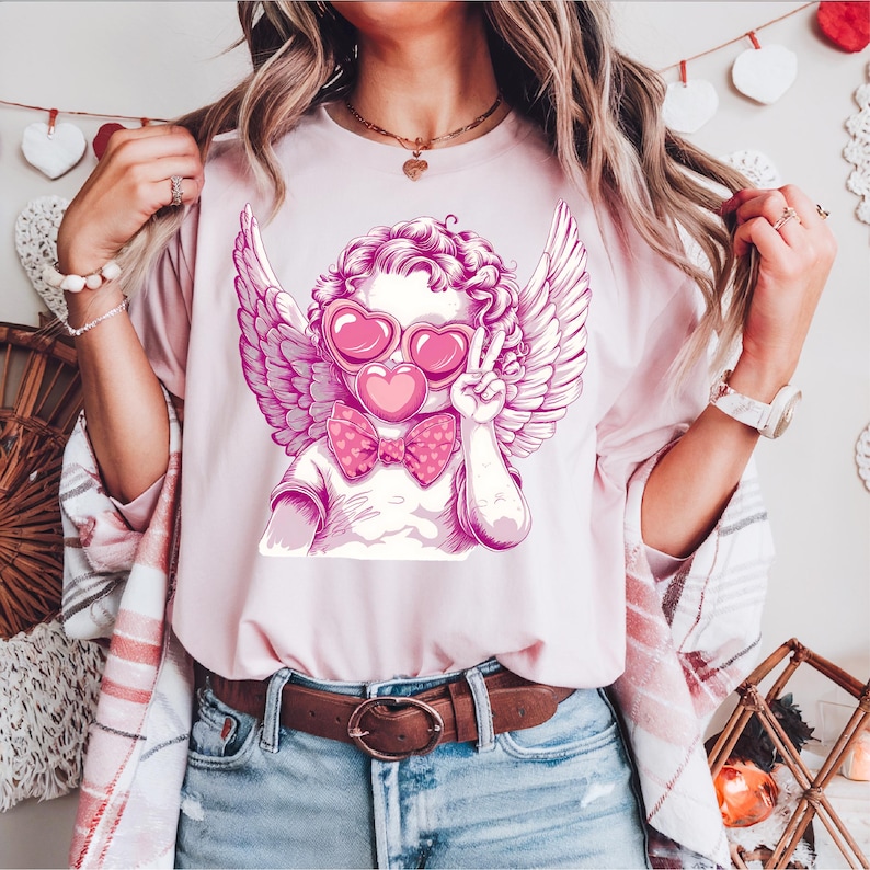 Valentine Cupid Shirt, Romantic Angel Wing Shirt, Angel Blowing Bubble Gum Shirt, Peace Sign Bubblegum Tee,Pink Valentines Day, Cupid Shirt