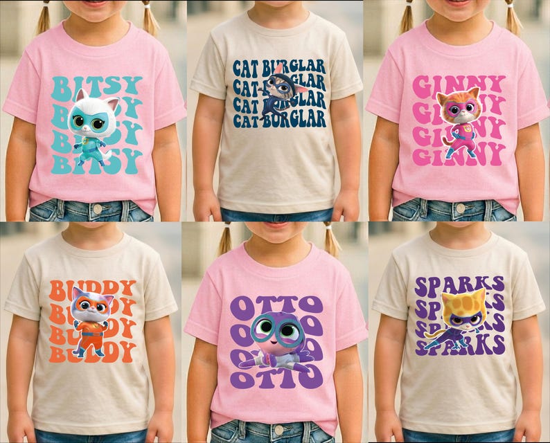 The image is a collage of six children's t-shirts featuring cartoon cat characters.