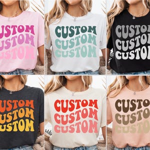 Camiseta personalizada con letras onduladas, camiseta retro personalizada, camisetas con texto personalizado, atuendo de concierto, regalo para fan, camiseta con tu texto