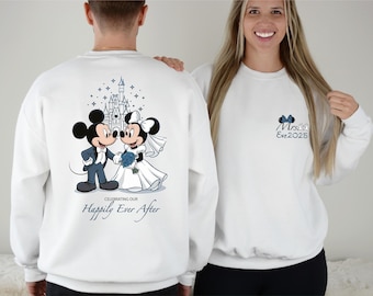 Maglietta Disney Mrs And Mr Double Sided, maglietta Mickey Minnie Couple Happy Ever After, magliette Disney per matrimoni, maglietta coordinata Just Married Honeymoon