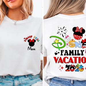 The image is a collage of two photos featuring a woman wearing a white t-shirt with Disney-themed designs. The back of the t-shirt displays the text "Disney Family Vacation 2016" along with various Disney characters and symbols.
