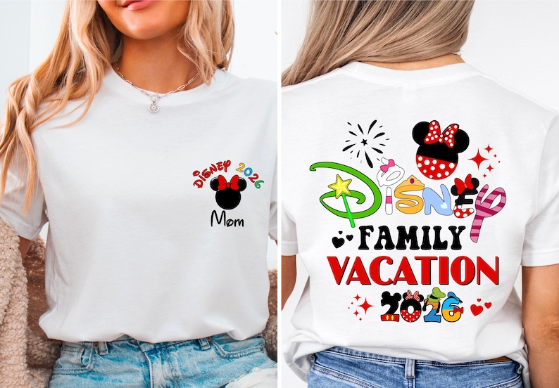 The image is a collage of two photos featuring a woman wearing a white t-shirt with Disney-themed designs. The back of the t-shirt displays the text "Disney Family Vacation 2016" along with various Disney characters and symbols.