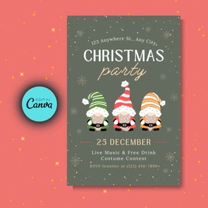 Gnomes Christmas Party Invitation: Editable Canva Template (Digital)