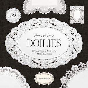 Puede incluir: Una variedad de blondas de papel blancas con intrincados diseños de encaje. La imagen presenta diseños ovalados y circulares, con texto que dice "Paper & Lace DOILIES" y "Elegant Digital Assets for Modern Design."