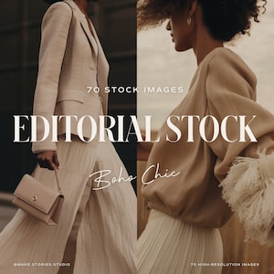 May include: Two women wearing beige clothing and posing in a street setting. The text "70 STOCK IMAGES" and "EDITORIAL STOCK" is displayed in the image. The text "Boho Chic" is written in cursive.