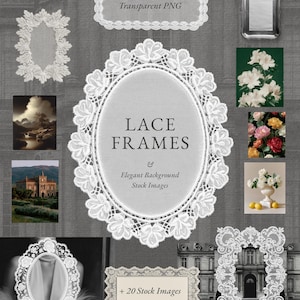 Puede incluir: Una colección de marcos y tapetes de encaje blanco, con varias formas y tamaños, incluyendo diseños ovalados, rectangulares y florales. La imagen también incluye imágenes de archivo de paisajes y flores. El texto en la imagen dice "Lace Frames" y "20 Doilies Transparent PNG."