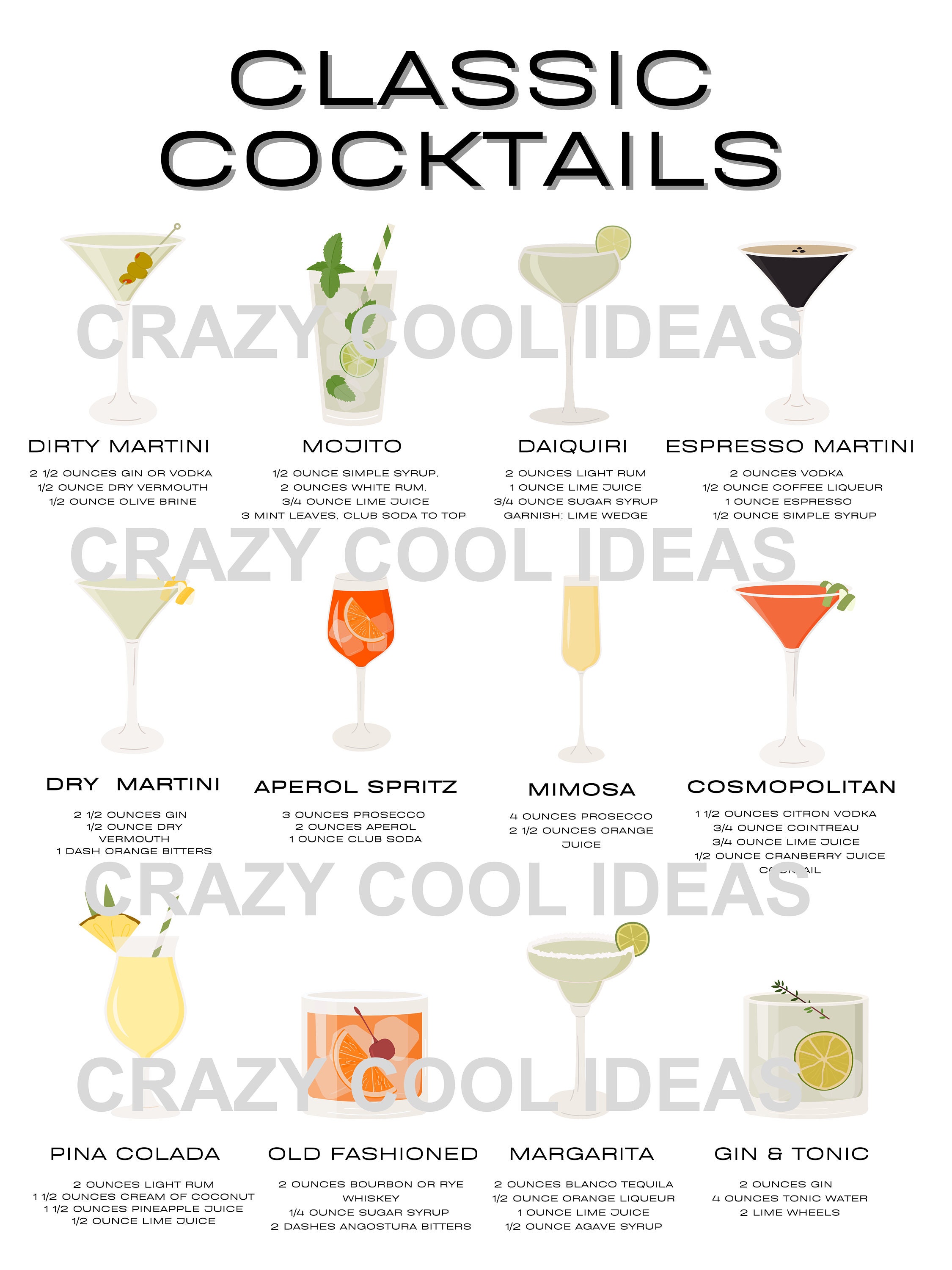 Cocktails Poster Classic Cocktails Print Drink Recipes Cocktails Art ...