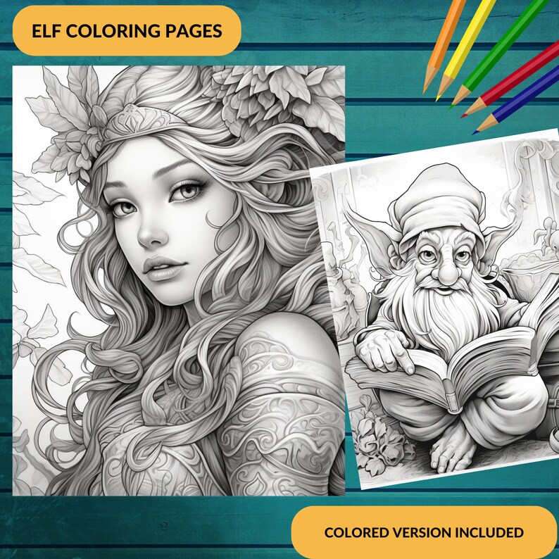 35 Elf Coloring Book, Fantasy Coloring Sheets for Adults, Printable Coloring Page, Grayscale ...