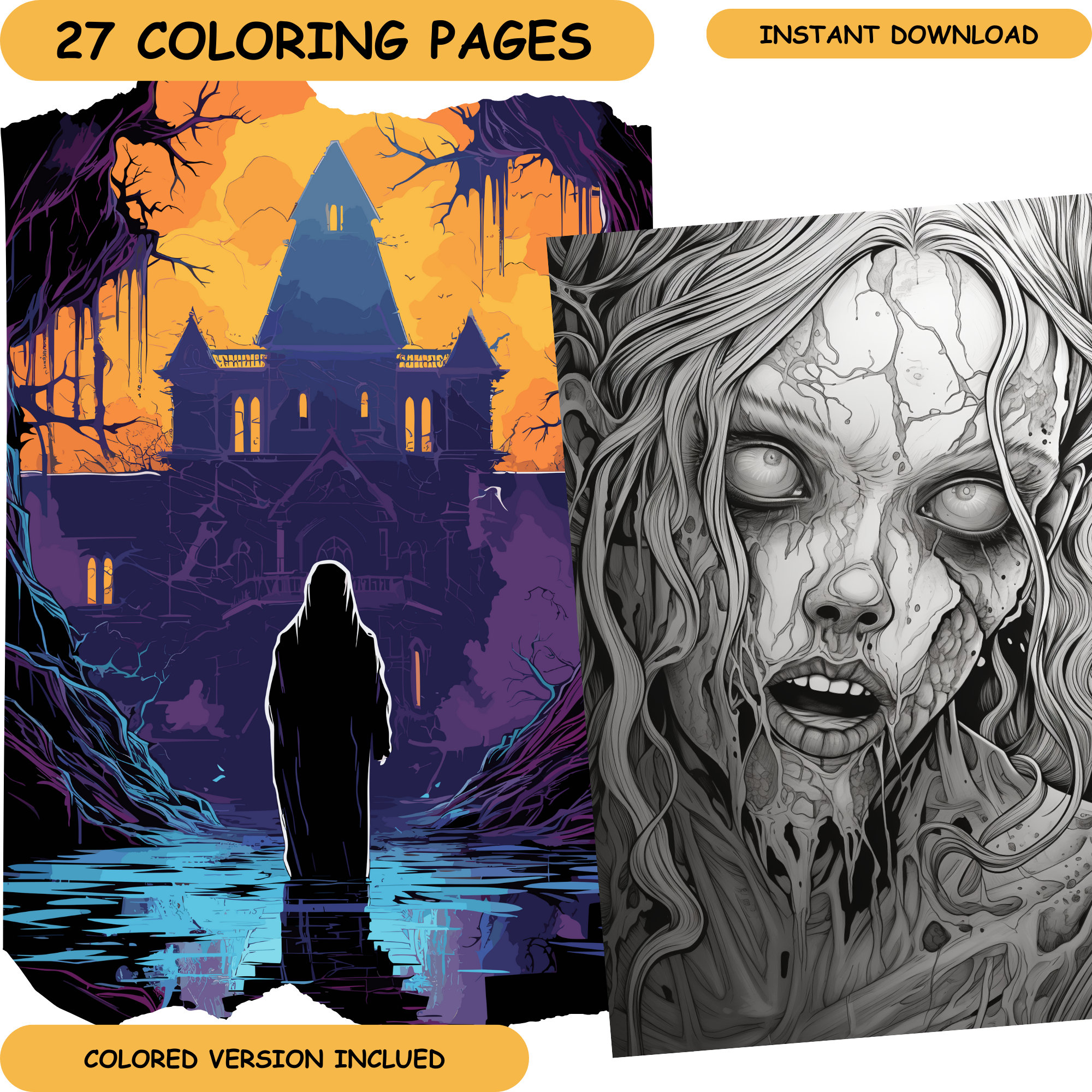 27 Horror Vibes Coloring Pages for Adults, Fantasy Scary Coloring Pages ...