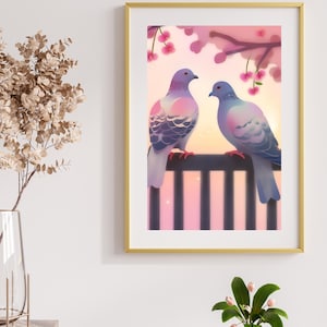 Two Pigeons in Love with Cherry Blossom Background – Romantic Digital Print – Whimsical Bird Art – Cute Wall Decor – Instant Download