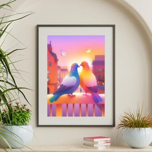 Love Birds Poster – Sunset Cityscape – Romantic Bird Art – Whimsical Wall Decor – Pigeon Art – Instant Download