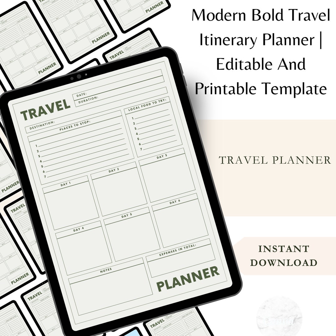 Modern Bold Travel Itinerary Planner | Editable and Printable Template ...
