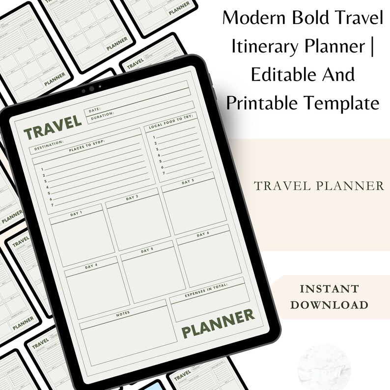 Modern Bold Travel Itinerary Planner | Editable and Printable Template ...