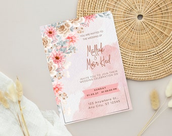 Pink Floral Wedding Invitation Card | Editable And Printable Template | Digital And Instant Downloads
