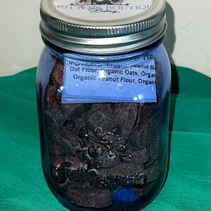Blue Upcycled Glass Mason Jars with 6 ounces of Dog Treats Peanut Butter Hearts Guaranteed Analysis