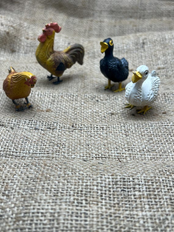 Vintage Rooster Chicken and Ducks Composite Bodies with Metal Feet Rare Unique Fun Figurines Made in Germany Putz 2” average height