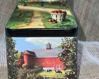 Vintage RED BARN with COWS metal tin and lid