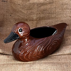 May include: A brown ceramic duck planter with a glossy finish. The duck has a black beak and eye, and the body features a textured wood grain design. The planter has a large opening for plants.