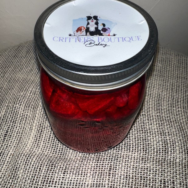 Red Upcycled Wide Mouth Mason Jar with decoration on side and 12 ounces of Dog and Goat Treats Peanut Butter Hearts Guaranteed Analysis