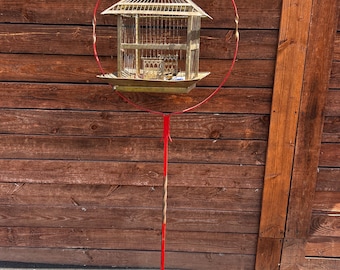 HENDRYX 1920s BRASS BIRDCAGE with Original Porcelian Feeder and Waterer Iron Stand is 65” tall Cage is Embossed Letters on Bottom