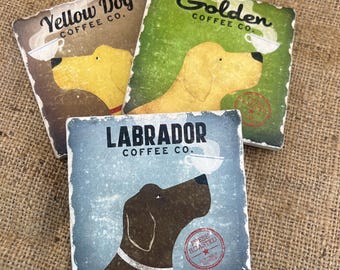 LABRADOR DOG Themed COASTERS Set of 3 Ceramic with Cork Back 4”x4” Yellow Lab Brown Lab Black Lab Golden Lab