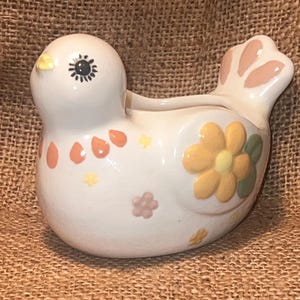 BIRD PLANTER Vintage Hand Painted 1986 Adorable Ceramic Pink and Orange Flowers Or  Kitchen Scrubby Storage