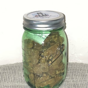 GREEN Upcycled Glass Mason Jars with 6 ounces of Dog Treats Peanut Butter Hearts Guaranteed Analysis