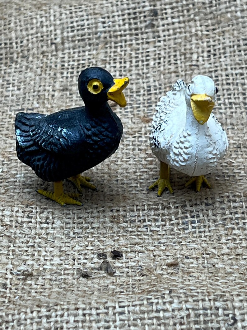 K&ouml;nnte beinhalten: Zwei kleine Entenfiguren. Eine ist schwarz mit gelbem Schnabel und F&uuml;&szlig;en, die andere ist wei&szlig; mit gelbem Schnabel und F&uuml;&szlig;en. Beide stehen auf einer strukturierten, beigefarbenen Oberfl&auml;che. Die Enten blicken nach vorne.