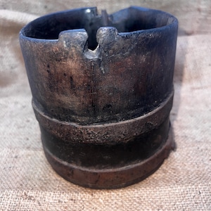 WOODEN BUCKET PRIMITIVE Dark Wood Sealed Oiled with Rusted Metal Steel Solid Bottom 5.5” tall 5.5” across bottom no handle So Very Old