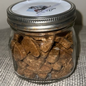 Upcycled SHORT Glass Mason Jar with 6 ounces of Dog Treats Peanut Butter Hearts Guaranteed Analysis