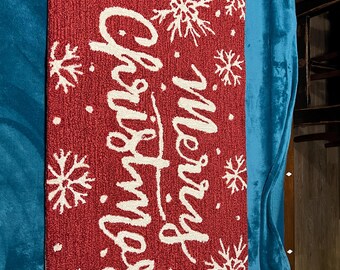ALFOMBRA Loloi FELIZ NAVIDAD 45” x 27.5” Estilo de bucle con gancho rojo y blanco Certificado Goodweave