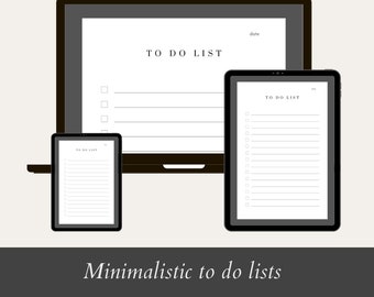 May include: A digital illustration of three to-do lists in different sizes, displayed on a laptop, tablet, and smartphone. The lists are minimalist and feature a simple design with checkboxes and lines for writing tasks. The text "TO DO LIST" is displayed at the top of each list. The text "Minimalistic to do lists" is displayed below the devices, along with the price "£4.99".