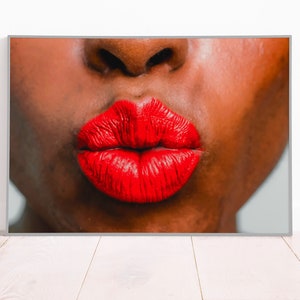 Labios rojos mujer retrato lienzo o cartel impresión, arte de la pared, decoración del hogar