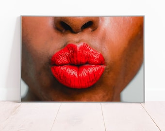 Labios rojos mujer retrato lienzo o cartel impresión, arte de la pared, decoración del hogar