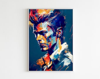 Puede incluir: Un retrato abstracto colorido de un hombre con pintura roja, naranja, amarilla, azul y blanca. El fondo es azul oscuro.