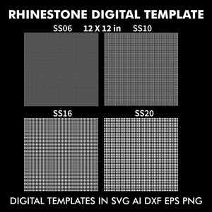 May include: Four black and white digital templates for rhinestone designs. The templates are labeled SS06, SS10, SS16, and SS20. Each template is 12 inches by 12 inches. The text "RHINESTONE DIGITAL TEMPLATE" and "DIGITAL TEMPLATES IN SVG AI DXF EPS PNG" are also included in the image.