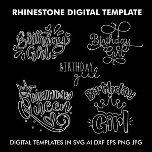 Paquete de 5 plantillas de diamantes de imitación para cumpleaños de niña, diseño de diamantes de imitación para reina de cumpleaños, archivo digital Cricut Svg, Eps, Ai, Dxf, Png, diamantes de imitación SS10