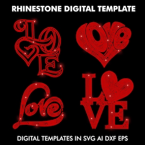 Pacchetto di strass Love Heart 4 Template SVG, design di strass Cricut file digitale Svg, Eps, Ai, Dxf, Png, strass SS10